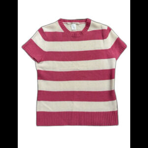J Crew Small 100% Cashmere Short Sleeve Sweater Pink & White Stripes Preppy EUC